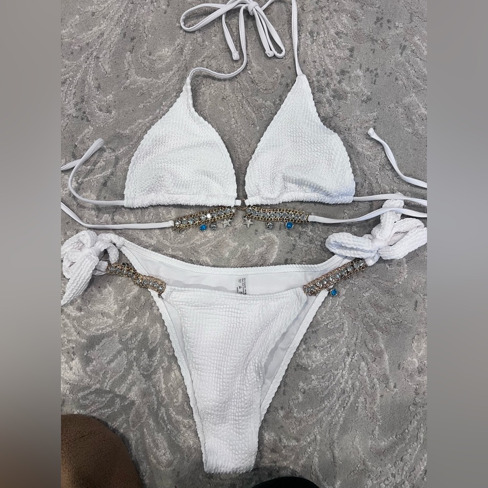 Victoria's Secret White Bikini Top with Gold and Blue Details
